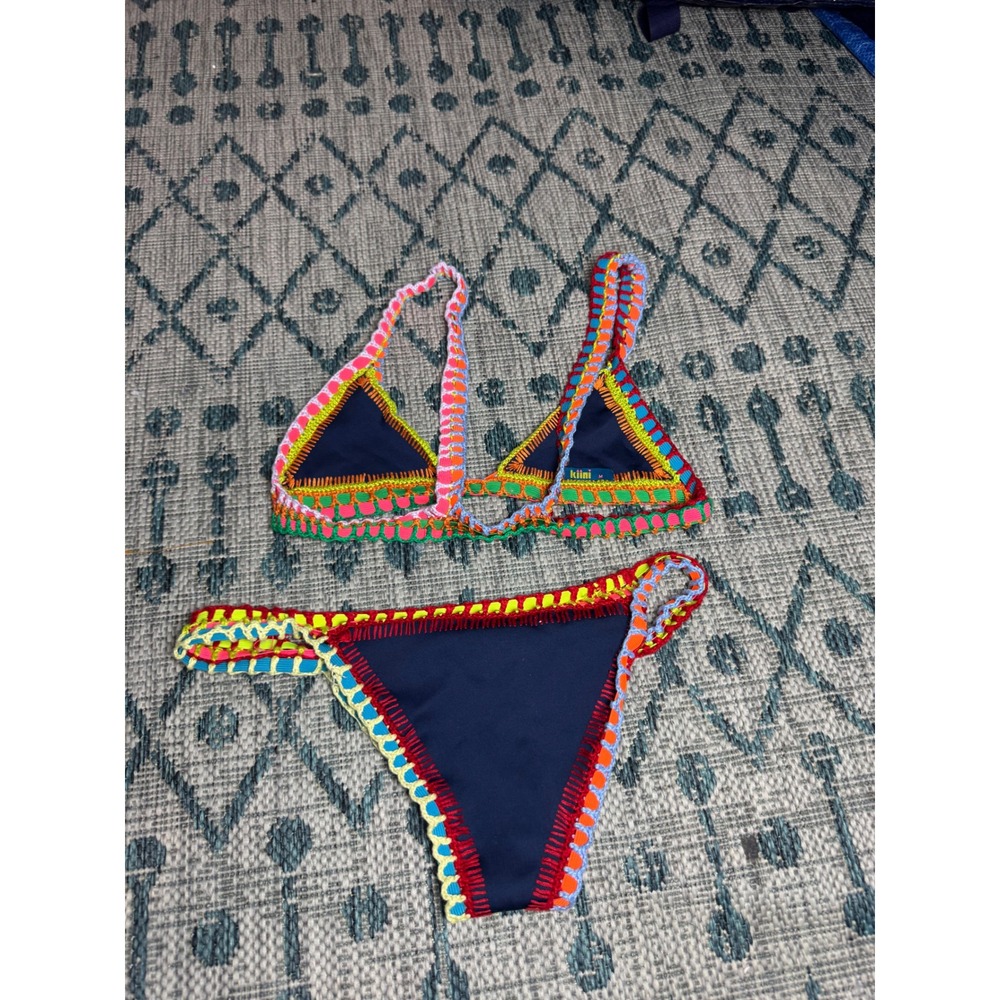 Kiini Tazmin Crochet Trim Bikini Set Navy Multi Color Triangle Two Piece Medium - Picture 2 of 2